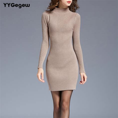 autumn winter women knitted dresses casual turtleneck long sleeve thick