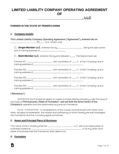 pennsylvania llc operating agreements   word eforms