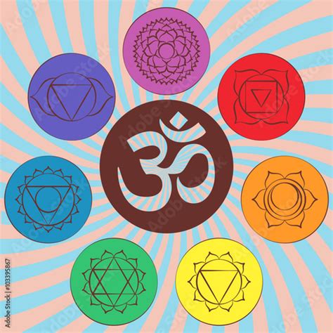 Chakra Pictograms And Symbol Om In The Centre Set Of Chakras Used In