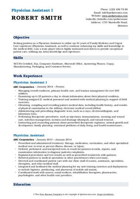 physician assistant resume samples qwikresume