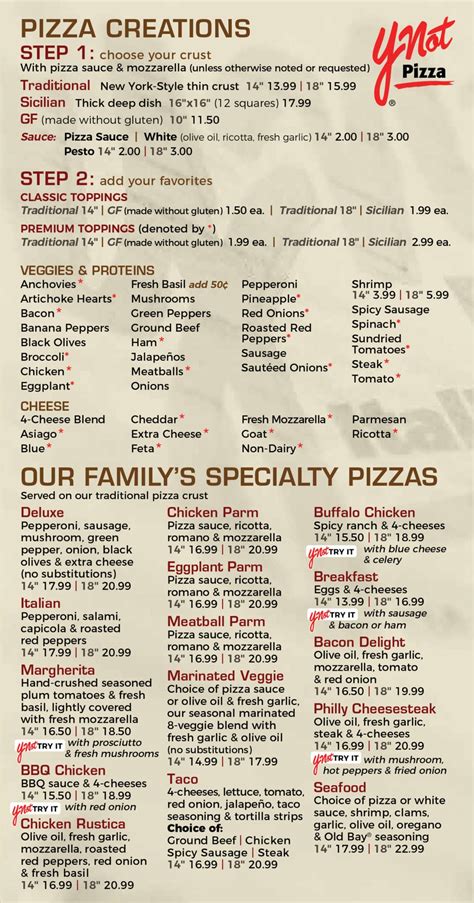 full italian restaurant pizza menu ynot pizza italian