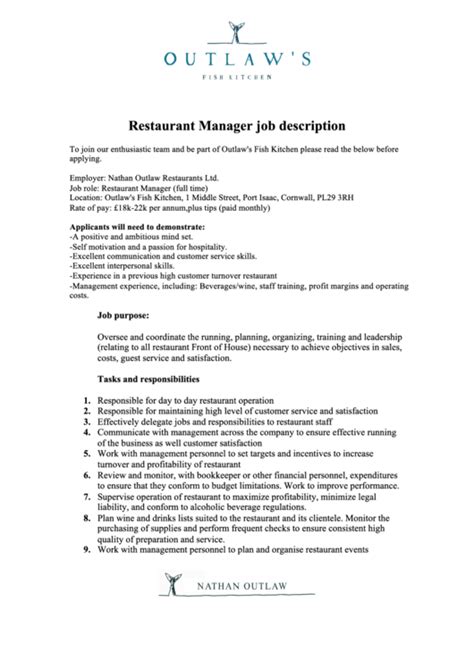 sample restaurant manager job description template printable