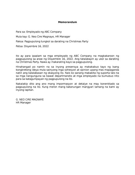 memorandum  memorandun memorandum  sa empleyado ng abc