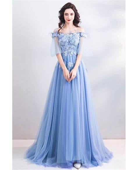 fairy blue long tulle aline prom dress off shoulder with sweep train