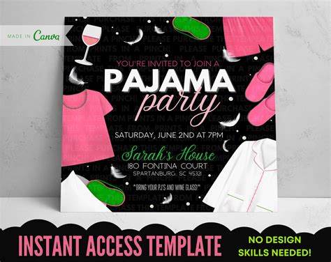 adult pajama party pink and green invitation template girls etsy