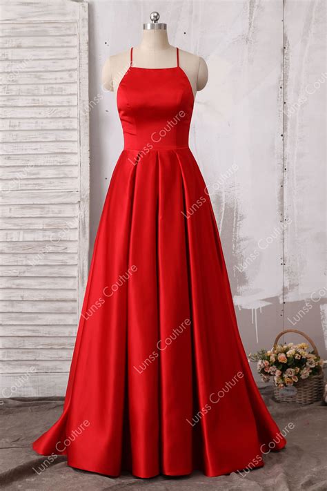 Red A Line Satin Spaghetti Strap Evening Prom Dress Lunss