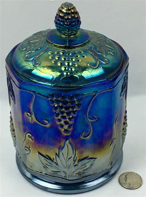 lot vintage iridescent blue carnival glass covered canister