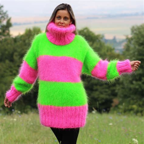 Hand Knit Mohair Sweater Striped Neon Green And Pink Fuzzy