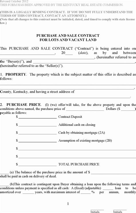 simple land purchase agreement form lovely  kentucky purchase