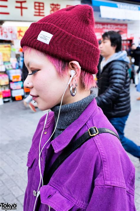 Pink Hair Purple Denim Jacket And Piercings In Shibuya