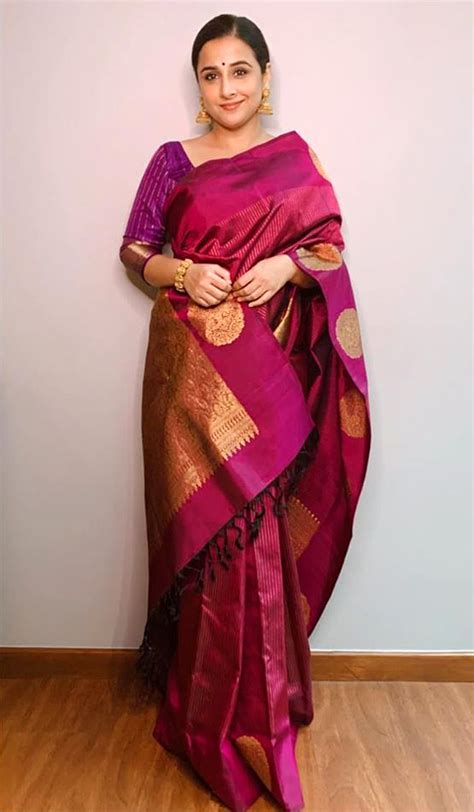 vidya balan in a purple kanjeevaram silk sari and blouse with gold