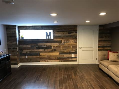 pallet wood accent wall  baseboard  basement mancave bars  home home man cave