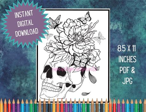 skull  butterflies coloring page sheet instant  etsy
