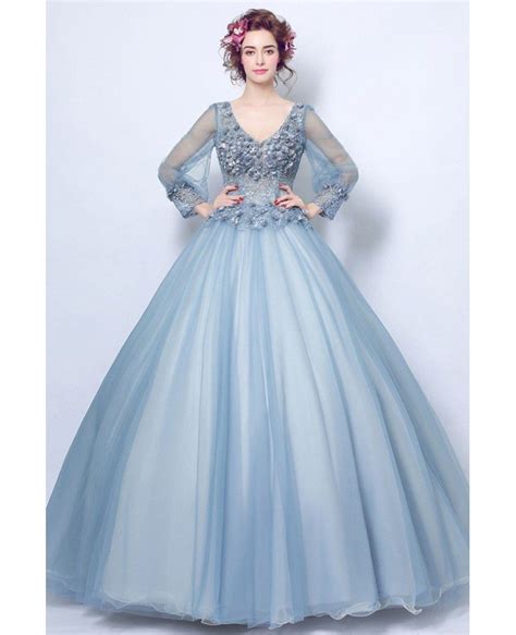 Affordable Ball Gown Blue Applique Prom Dress With V Neck