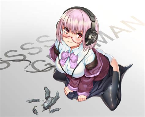 ass blush bow glasses headphones kabu e90vwggy panties pink hair shinjou akane short hair