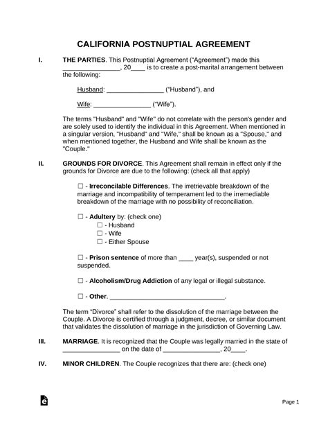 california separation agreement template  word eforms