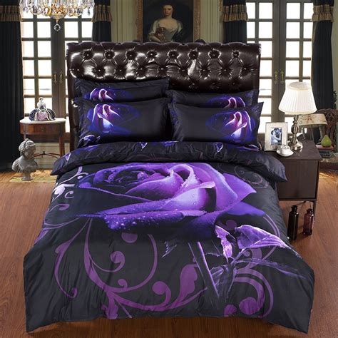 4pcs Set Modern Luxury Purple Rose And Black 3d Bedding Set Double