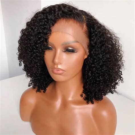 short synthetic wigs kinky curly lace front wig  women side part  black natural