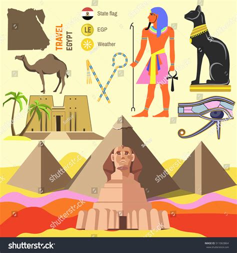 Set Egypt Symbols Landmarks Flat Vector Stock Vector