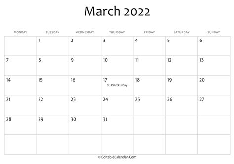editable calendar march