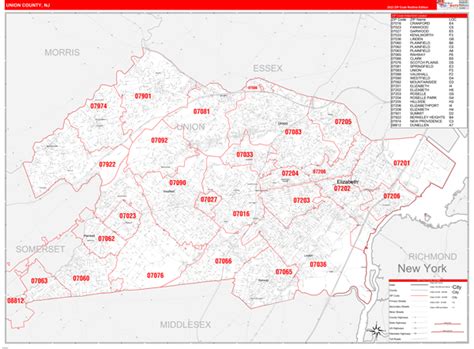 union county nj zip code wall map red  style  marketmaps mapsales