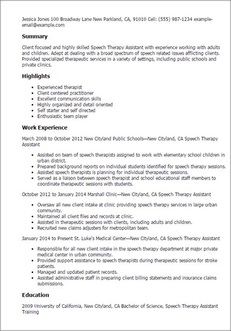 speech therapy assistant resume