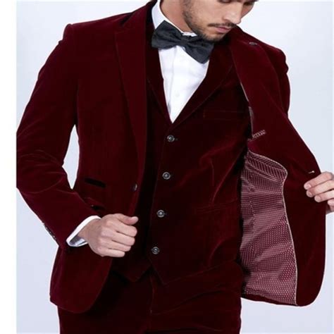 Wine Red Velvet Men Suits 3 Pieces Jacket Pant Vest Tuxedos Burgundy