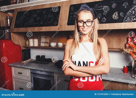 Blonde Attractive Housewife Staying On The Kitchen Stock Image Image
