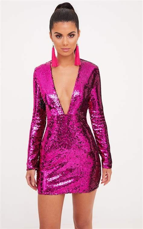 Pink Plunge Sequin Bodycon Dress Prettylittlething