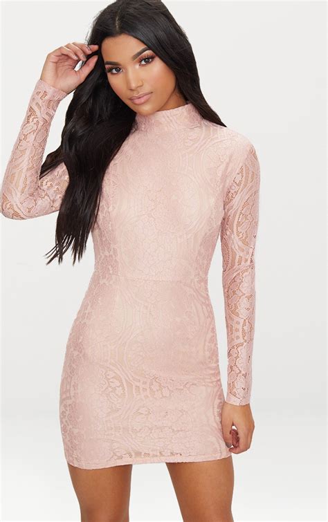 Dusty Pink High Neck Long Sleeve Lace Bodycon Dress Prettylittlething Qa