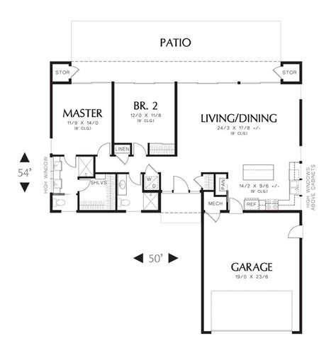 small modern  shaped  bedroom ranch house plan