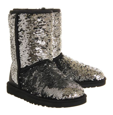 ugg classic short sparkle sequined boots  silver metallic lyst