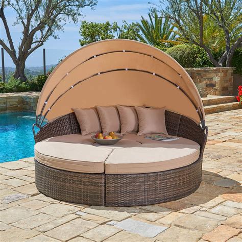 suncrown outdoor rattan  retractable canopy daybed patio sofa furniture brown clamshell