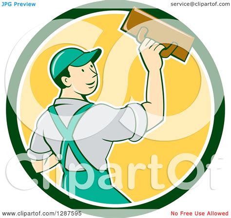 Clipart Of A Retro Cartoon White Male Plasterer In A Green