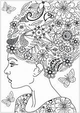 Woman Flowers Coloring Hair Pages Adults Color Beautiful Flying Tree Fleurs Her Vegetation Butterflies Leaves Around Et Flowery sketch template