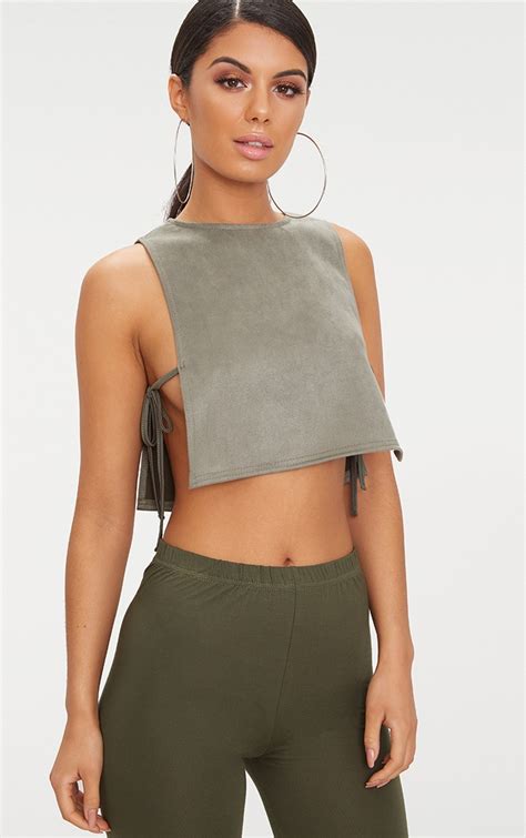 khaki suedette open tie side crop top tops prettylittlething