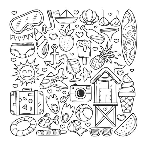 summer icons hand drawn doodle coloring premium vector