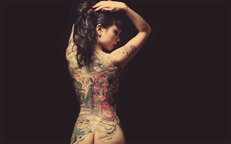 wallpaper asian tattoos earring women back view nude sexy simple background desktop