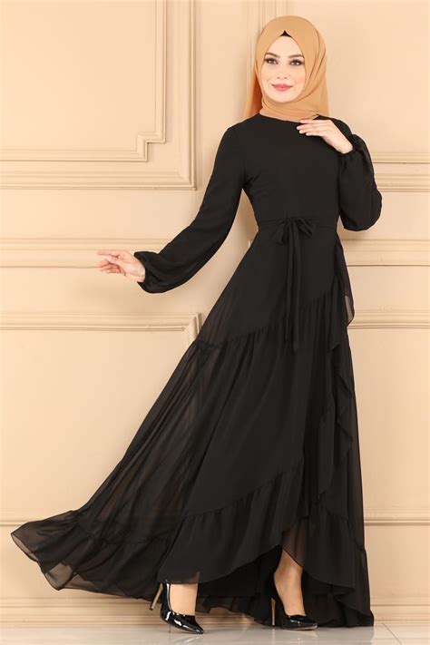 Kemerli Şifon Tesettür Elbise 4540ab368 Siyah Moda Selvim