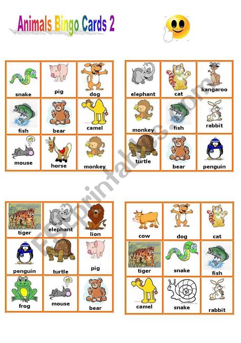 animals bingo cards  esl worksheet  petili