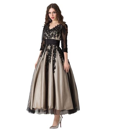 vestidos tea length black long prom dresses 3 4 sleeves 2016 sexy lace