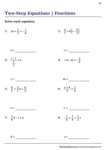 step equations  fractions worksheets