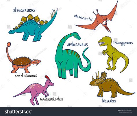types dinosaurs inscriptions stock vector royalty