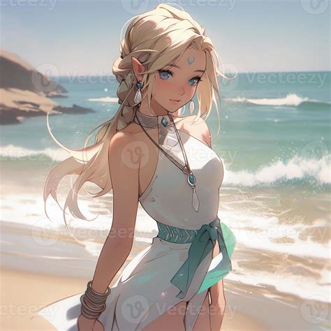 Beautiful Blonde Anime Girl On The Beach In Green Dress 22929863 Stock