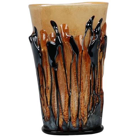 Murano Black Glass Vases With Fused Gold Leaf At 1stdibs