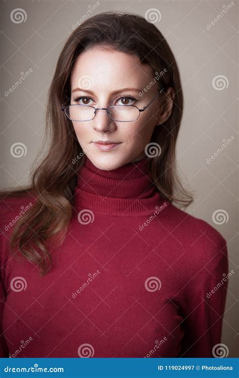 Woman Wearing Glasses In Red Sweaterb Turtle Neck Stock Image Image