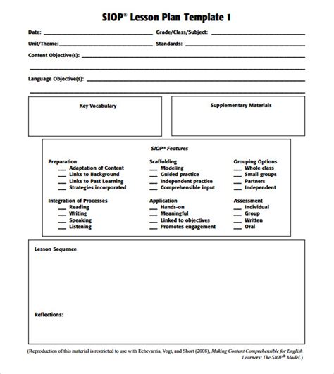sample siop lesson plan templates   ms word