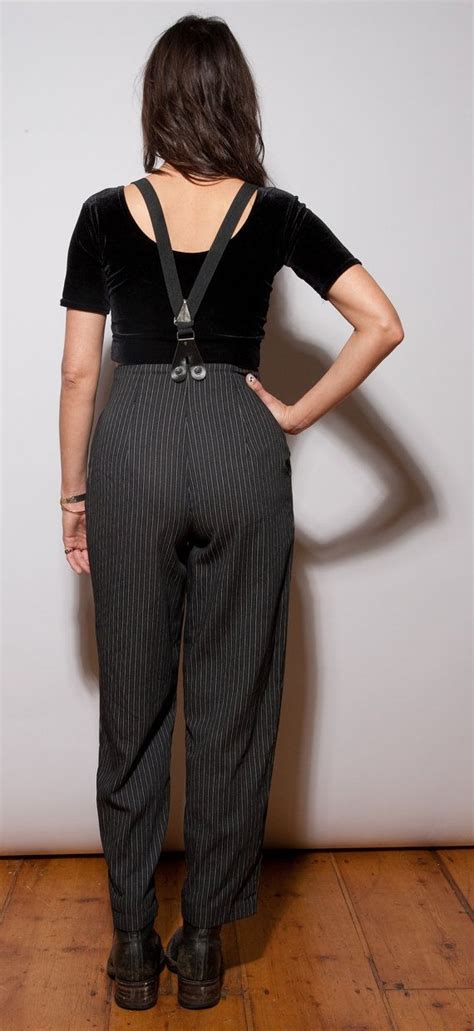 Vtg 90s Suspender Pants High Waist 90210 Grunge Striped Suspenders