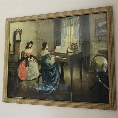 Vintage Beautiful Print Of Victorian Women Playing Piano And Listening