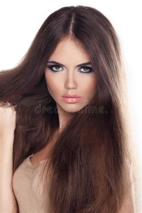 Beautiful Woman With Long Brown Hair Closeup Portrait Of A Fash Stock